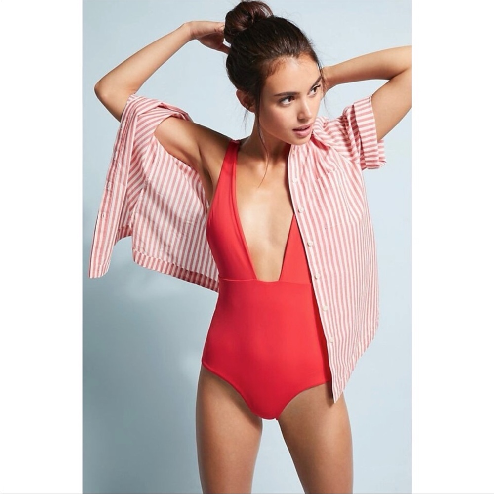Mara Hoffman Plunge One-Piece Swimsuit Red Small